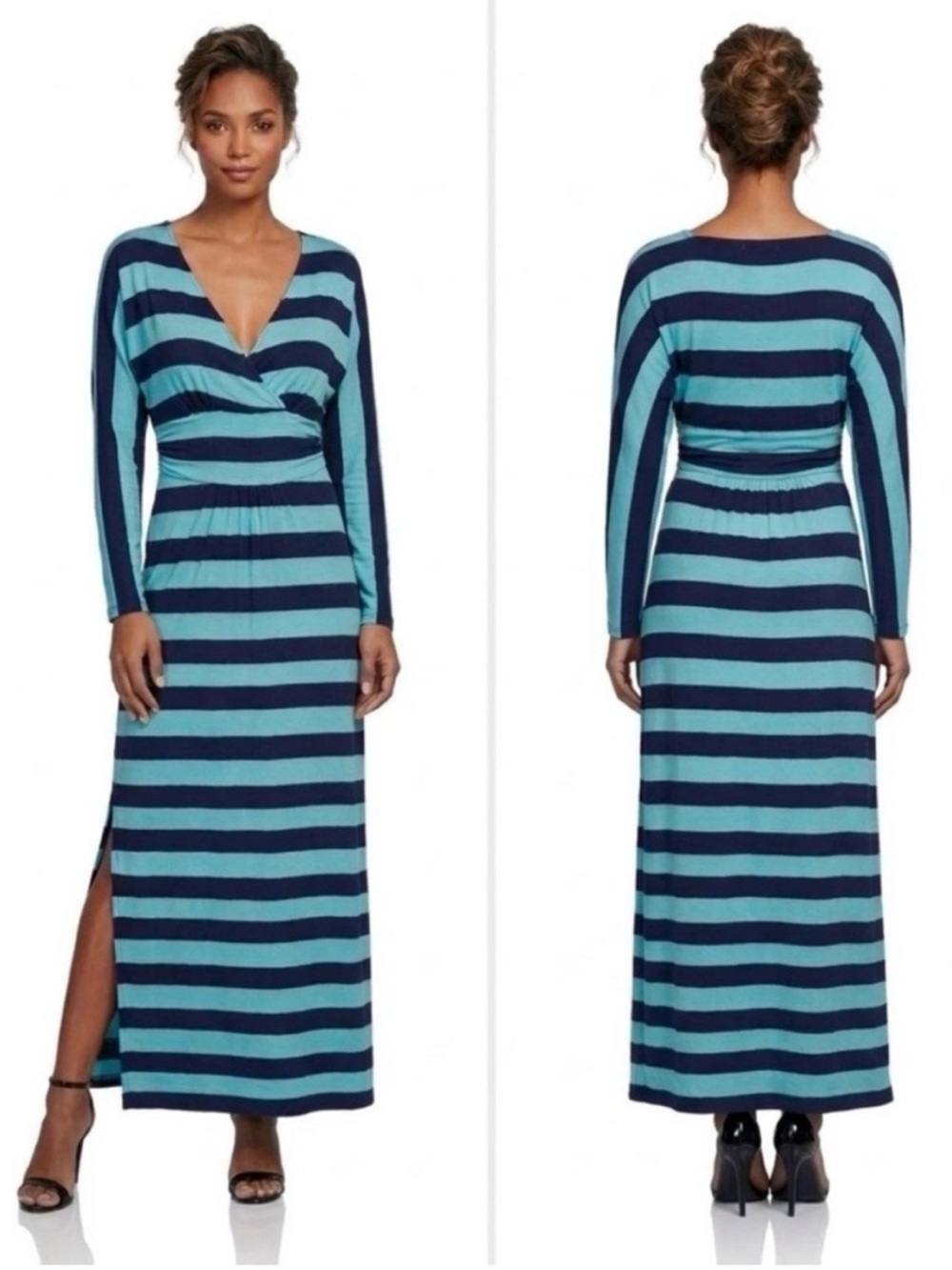 Lilly Pulitzer “Riana” Long-Sleeve Striped Maxi Dress Navy Aqua Surplice S